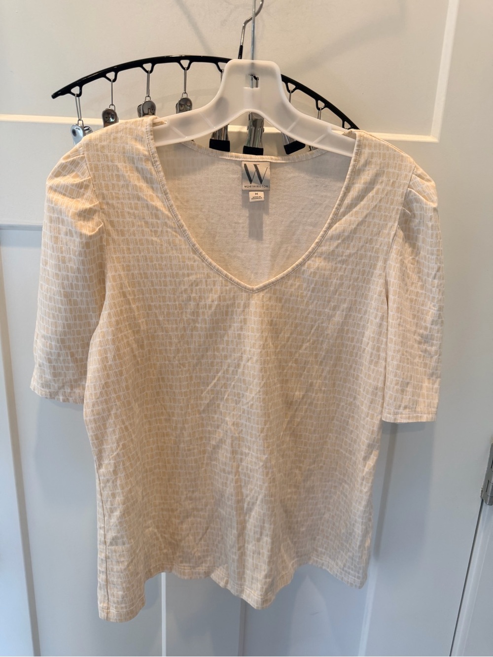 Worthington Womens Medium Ivory Textured V Neck Puff Sleeve Cotton Top